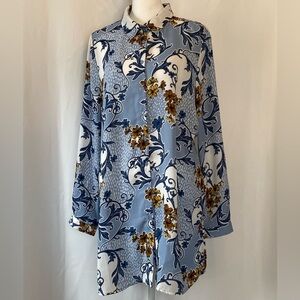 Mandee womens XL Floral Bohemian Blue White Button-Up Shirt tunic long sleeve